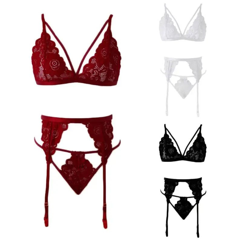 

Women Sexy 3Pcs Underwear Set Sheer Floral Lace Babydoll Lingerie Hollow Strappy Bra T-Back G-String Garter Belt Solid Sleepwear