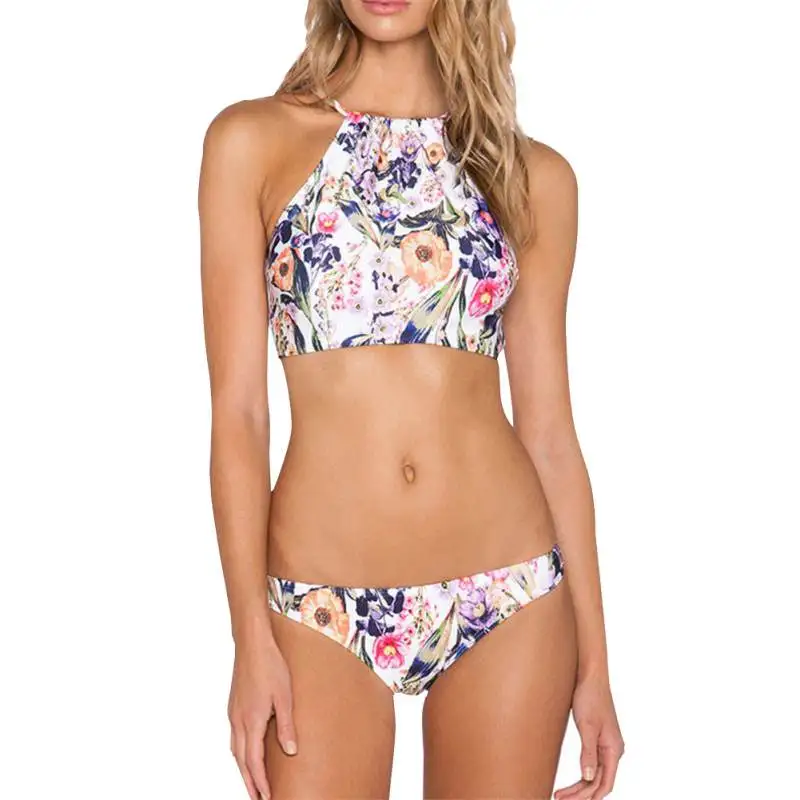 

Sexy High Neck Women Floral Swimwear Paded Bathing Suit Bottom&Top Brazilian Swimsuit Female Printed Two Pieces Sets