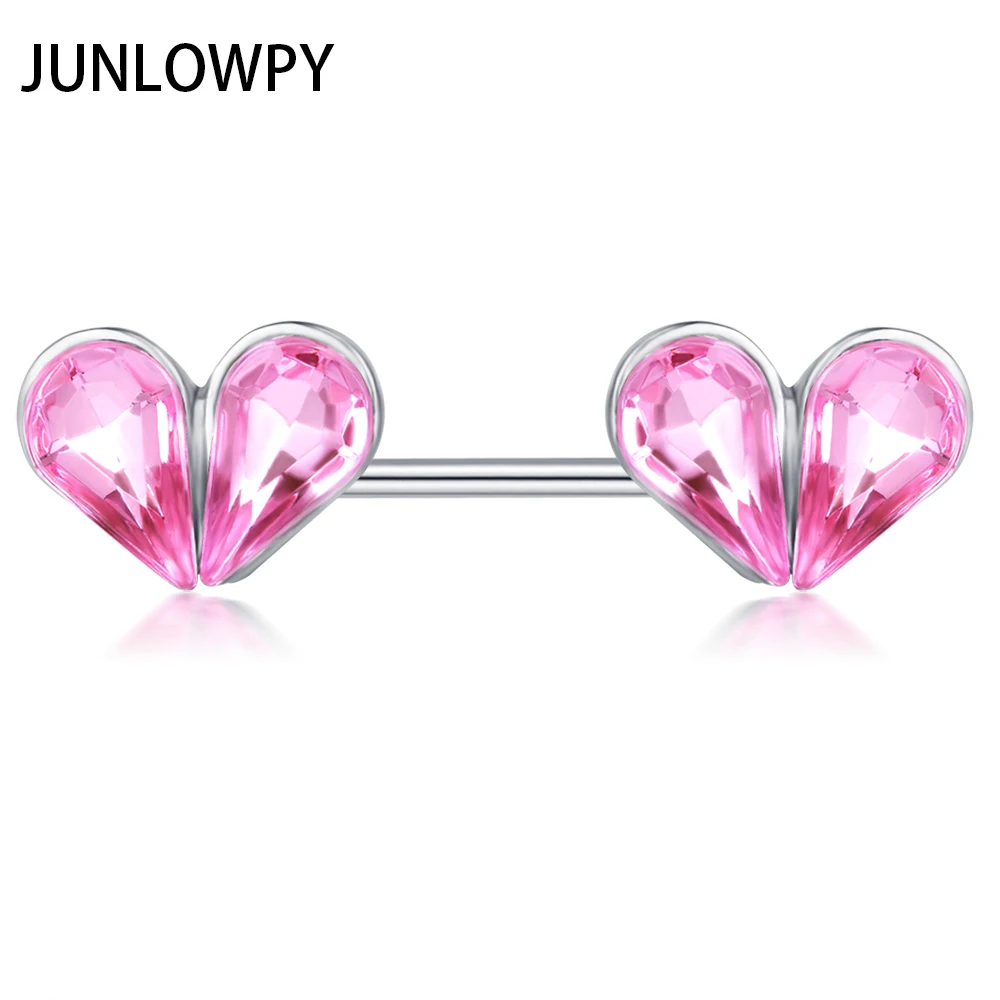 JUNLOWPY Steel Ear Bar Double Love Heart Pink Zircon Nipple Rings
