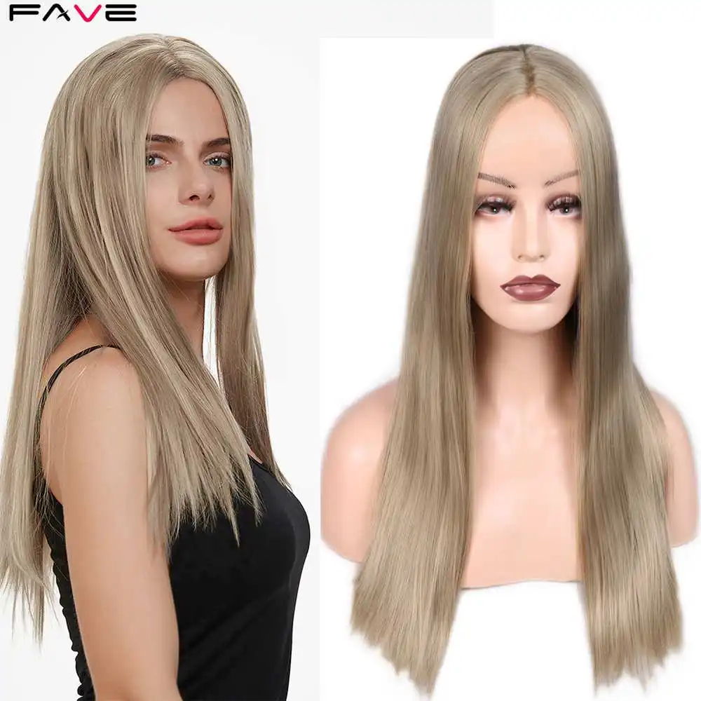 FAVE Synthetic Lace front Wig Silk Straight Light Brown Blonde Middle Part 24 Inches Frontal Lace Wigs For Women Cosplay