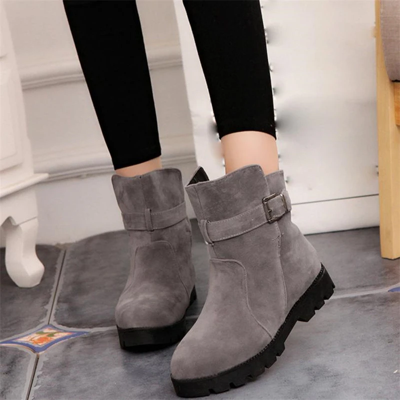 

Plus Size Ankle Women's Boots Flat Platform Flock Buckle Strap 2018 Winter Warm Shoes Woman Solid Short Plush Fashion Footwear