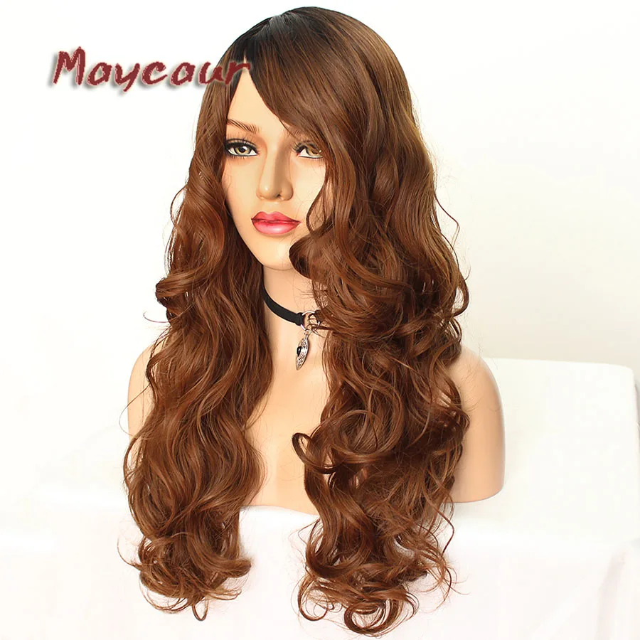 Maycaur Glueless Black Long Wavy Wig with Side Bangs Synthetic Hair Wigs for Women Heat Resistant Fiber Hair Wigs (10)