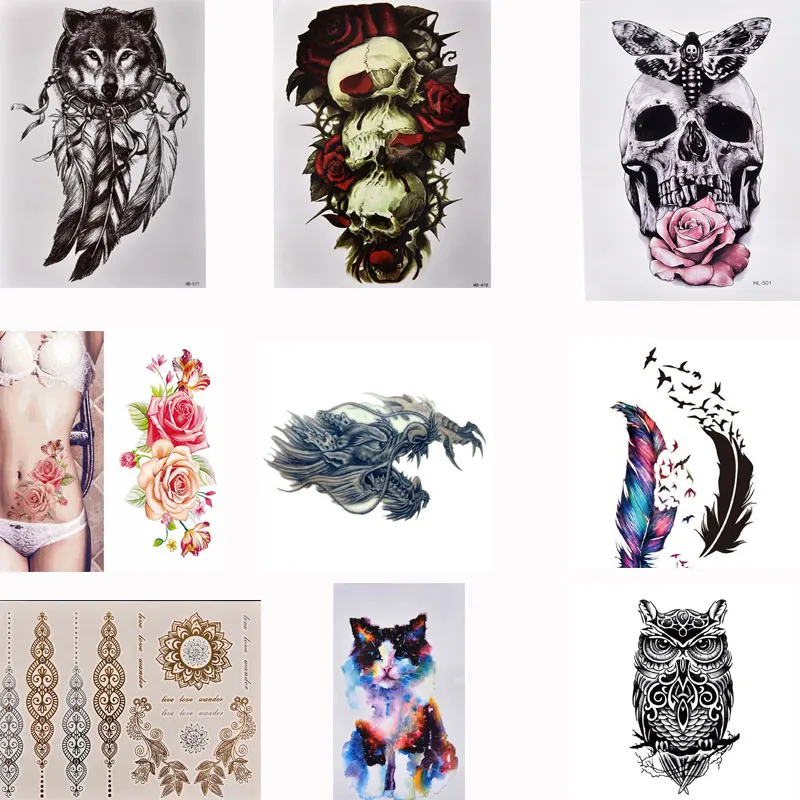 Waterproof Skull and Rose feather Temporary Tattoo Can be Removed Large Arm Body Art Tattoos Sticker