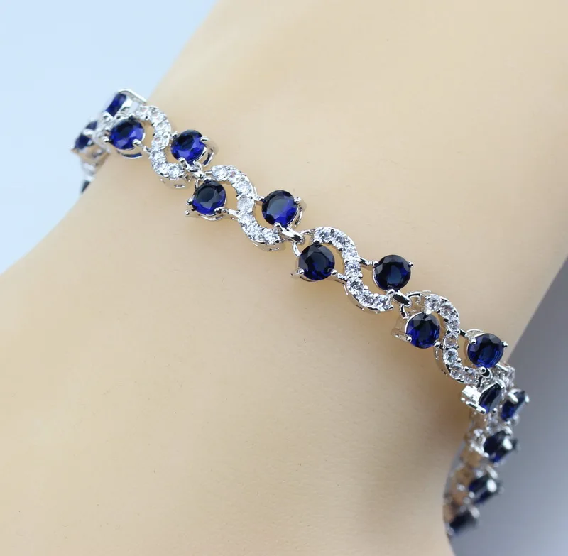 Unique Blue Zircon Chain Link Bracelet 925 Silver Color Women Jewelry