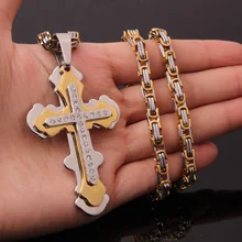 New Design AAA Crystal Christ Cross Pendant Necklace For Men Silver Gold Stainless Steel Byzantine Mens Pendant Cross Necklaces New Design AAA Crystal Christ Cross Pendant Necklace For Men Silver Gold Stainless Steel Byzantine Mens Pendant Cross Necklaces