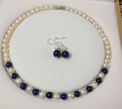 

free shipping>>> 8-9mm White Pearl Lapis Beads Necklace Earring Set 18"V056-ETR5