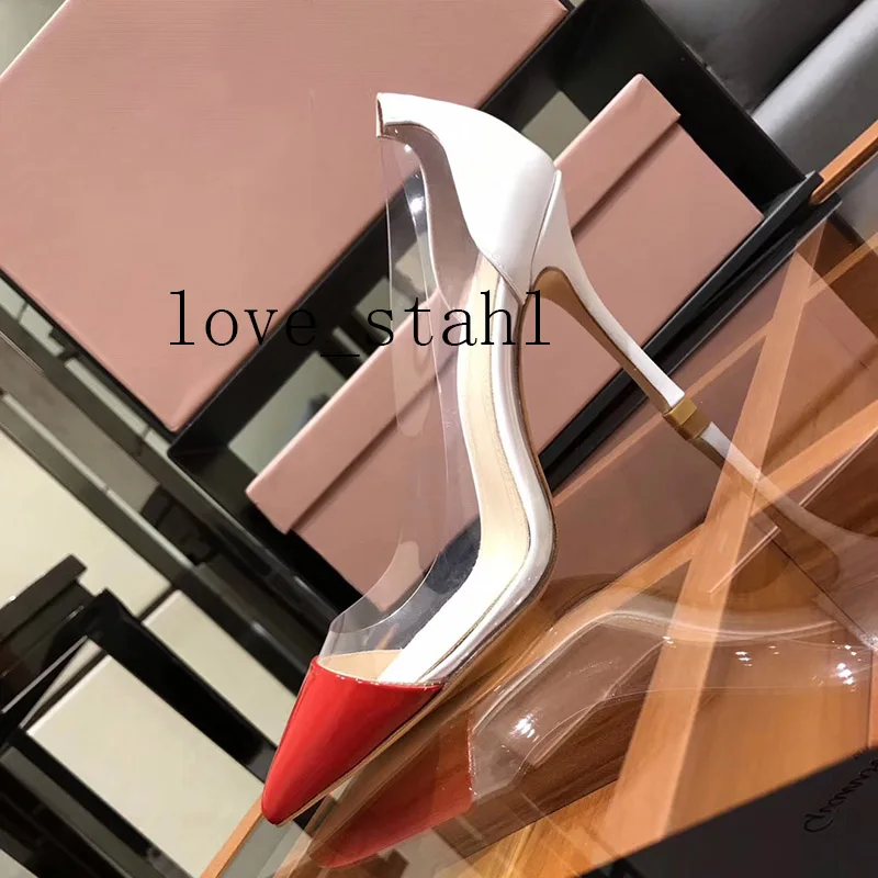 

2019 lovestahl woman Patent leather stitching transparent PVC high heel red stitching white fashion party dress single shoes