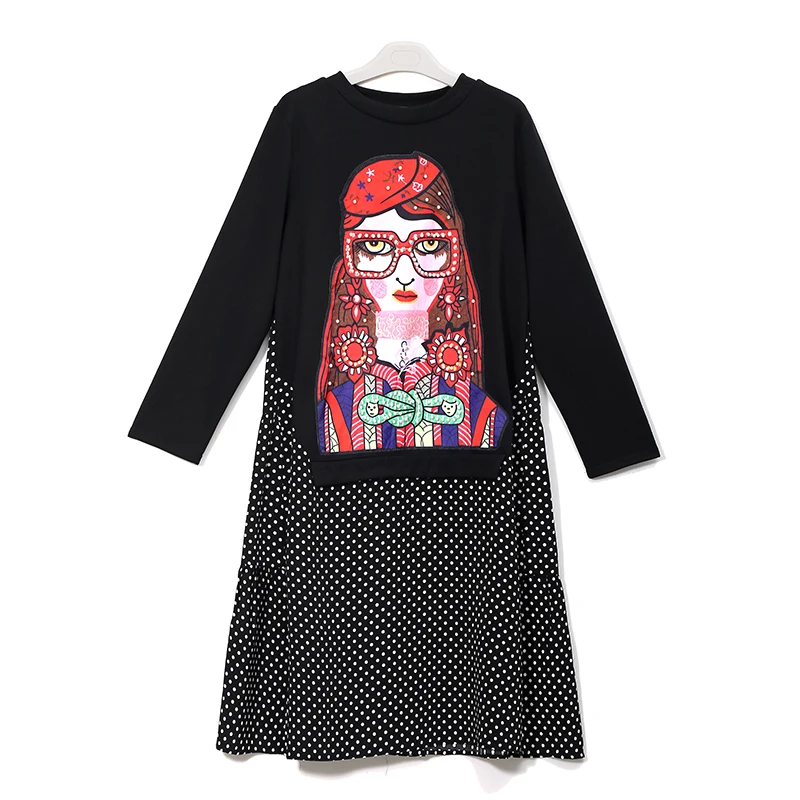 Najtaniej Nowy 2019 jesienno zimowa damska czarna casualowa kreskówka sukienka Polka nadruk w kropki z długim rękawem damska śliczna luźna Midi sukienka femme 3243