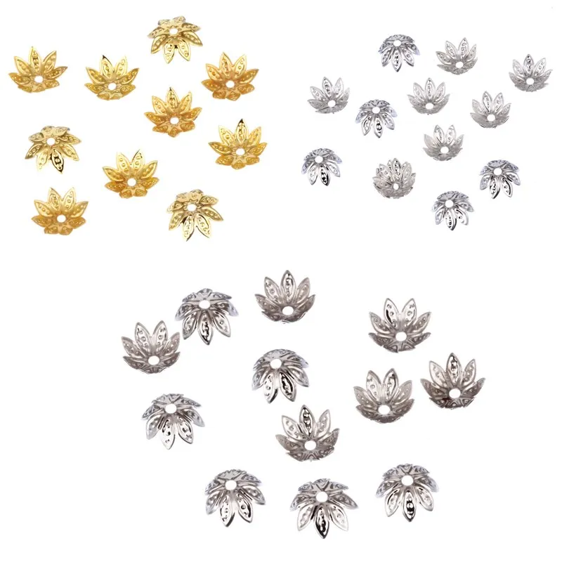 

New LNRRABC Hot Sale 11*11mm 100pcs/lot High Quality Gold/Silver Color Flower Metal Charms Bead Caps for Jewelry Making