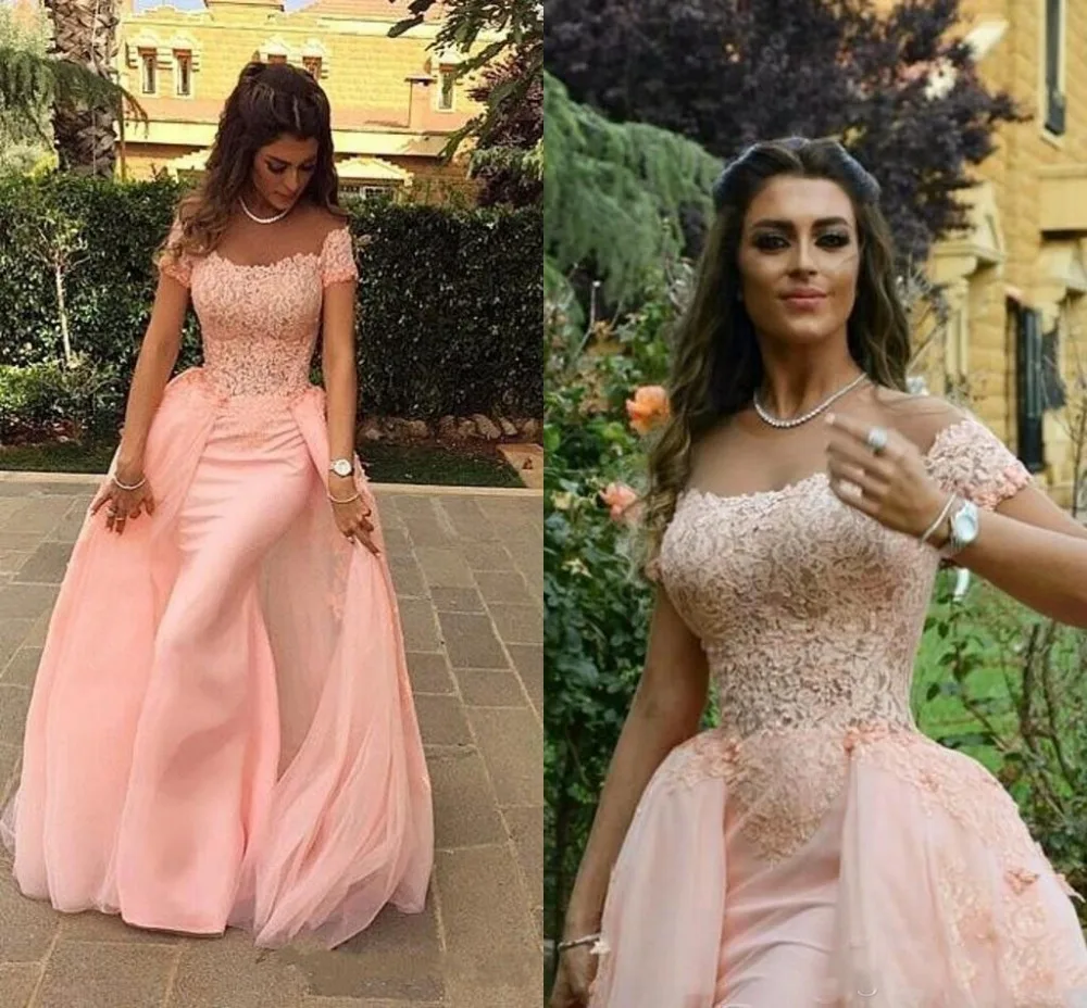 Blush Pink 2015 Mermaid Off Shoulder Formal Evening Dresses Arabic Dubai Abaya Floor Length Long Lace Appliques1