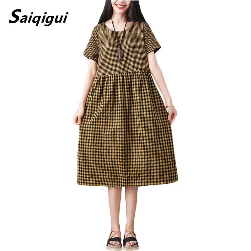 

Saiqigui 2019 Spring summer dress short sleeves casual loose women dress vintage A-Line cotton linen dress vestidos robe femme