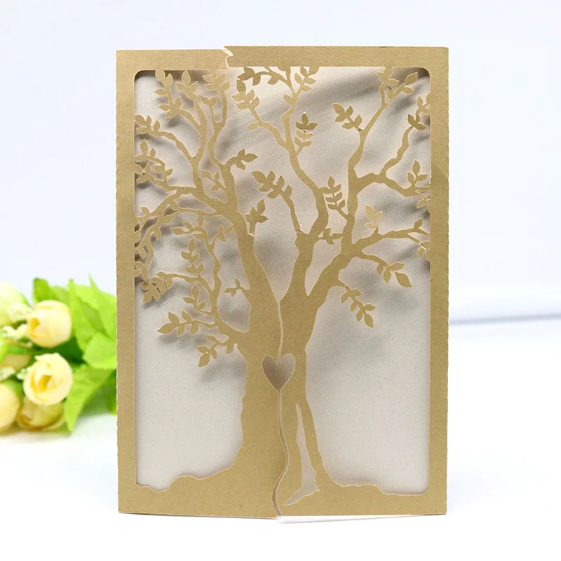  10pcs Gold Sample Laser Cut Wedding Invitations Card Elegant Tree Leaf Greeting Card Print Birthday - 4.00029E+12