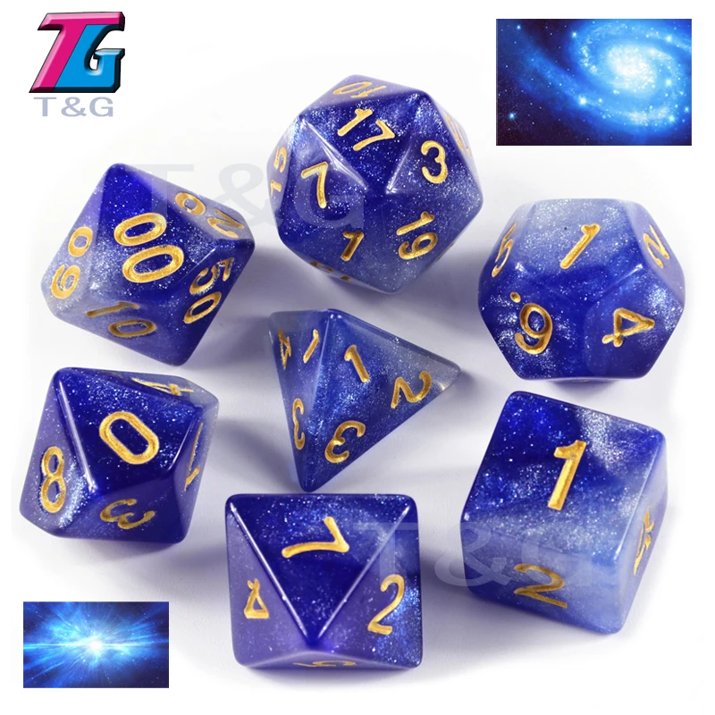 T& G креативная Вселенная Galaxy Dice набор D4-D20 с загадочным Королевский синий микс черный, блестящая пудра ForTRPG, DND настольная игра