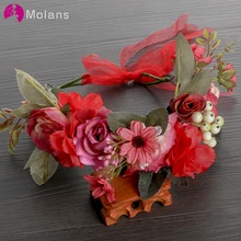 Молан китайский красный стимуляция цветок Свадебный венок обруч для волос красная и фиолетовая Роза лента в форме листьев пластиковая Цветочная корона для свадьбы