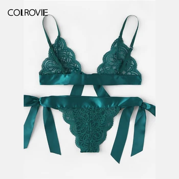 COLROVIE Green Tie Side Scalloped Trim Ribbon Lace Lingerie Set 1