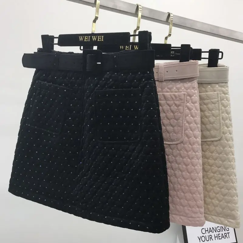 Прямая Юбка Faldas Женская юбка однотонная трапециевидная юбка с поясом выше колена мини-длина с завышенной талией Осень-зима - Цвет: black