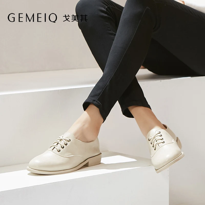 

GEMEIQ 2019 Spring New British style ins Leather Shoes Women Nude Shoes Low heel Flat heel Lace Casual Shoes