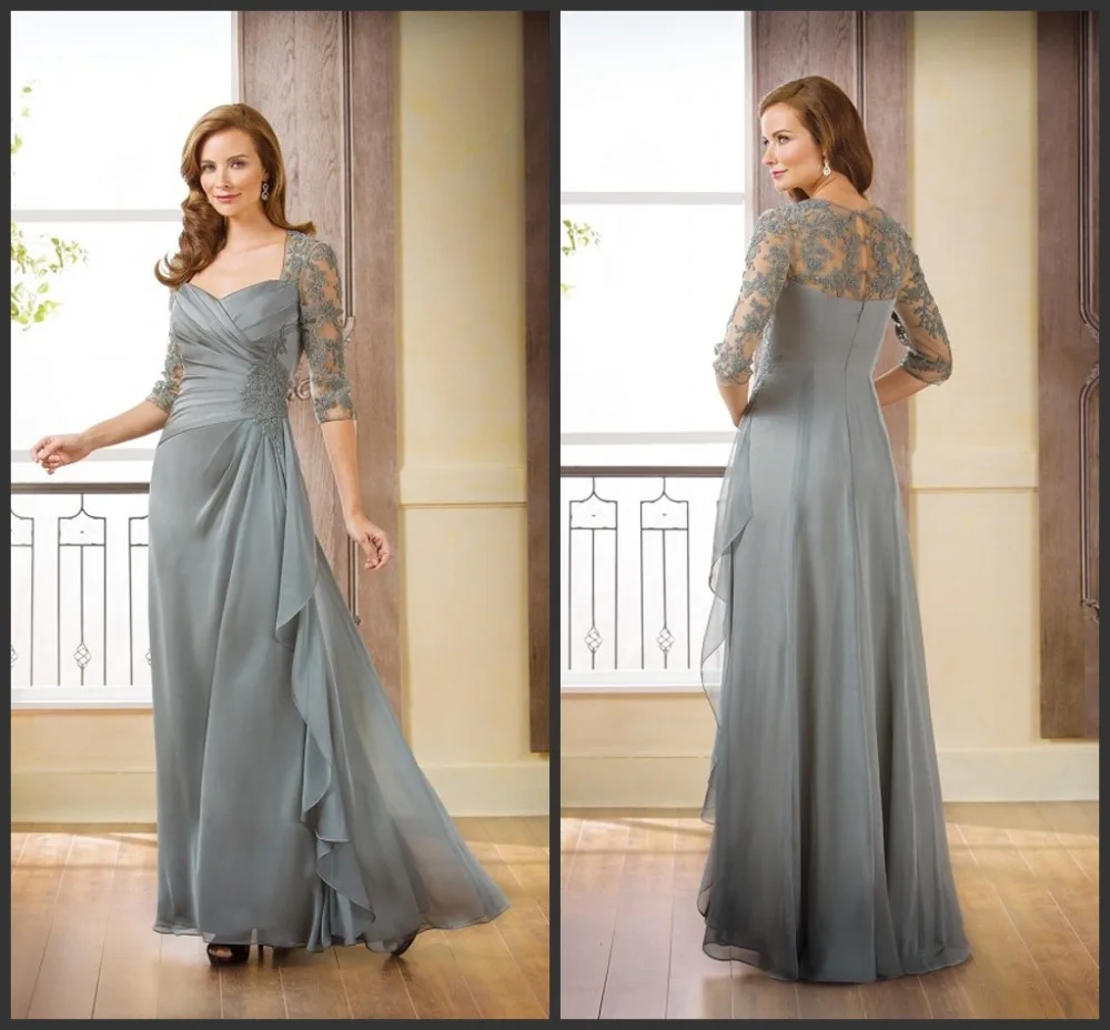 Aliexpress Silver Mother Of The Brides Dresses Three Aliexpress Silver Mother Of The Brides Dresses Three Quarter Sleeves Chiffon Long Floor Length Lace Lique Groom Gowns From