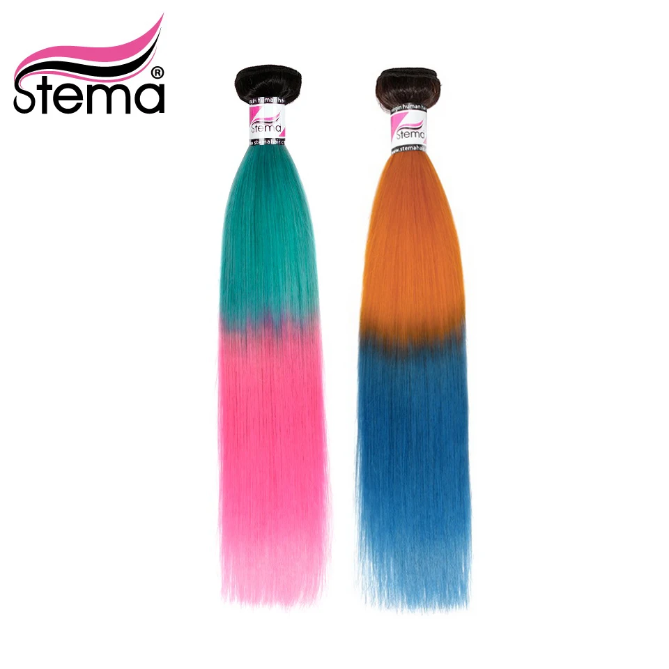 

Stema Ombre Color Hair Weft Brazilian Straight Hair 1b/Blue/Pink 1b/Orange/blue Bundles 1/3/4 PC 100% Remy Huma hair Extension