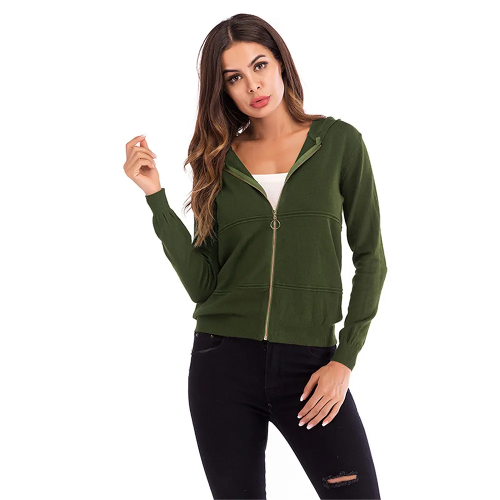 Women's solid color hooded zipper cardigan long-sleeved jacket shirt Coat