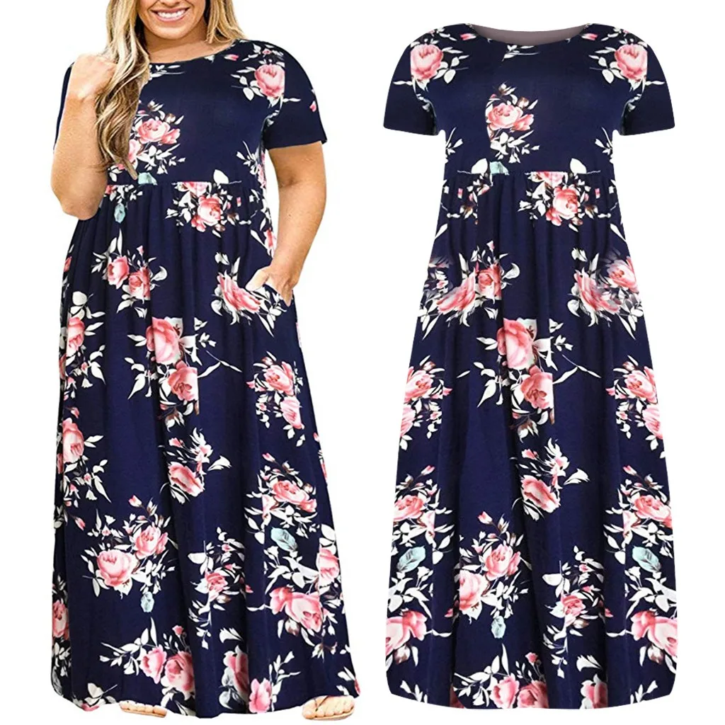 

Short Sleeve Dress 2019 Summer polyester sales Women Plus Size Short Sleeve Printing Dress O-Neck Long Dress With Pockets L-5XL