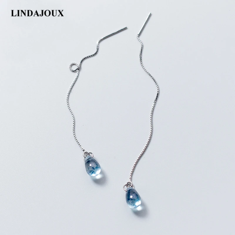 

Long Water Drop Shape Blue Crystal Hanging 925 Sterling Silver Drop Earrings For Women S925 Silver Long Dangling Earring