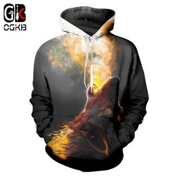 

OGKB 2018 New Harajuku Print Fire Wolf 3D Hoodies Animal Sweatshirts Men Women's Hiphop Punk Hooded Pullovers Jumpers Big Size