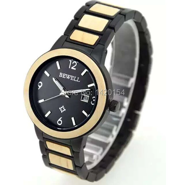 

Brand Natural Bewell Wooden Watch Tungsten Steel Band Wristwatch with Wood Box