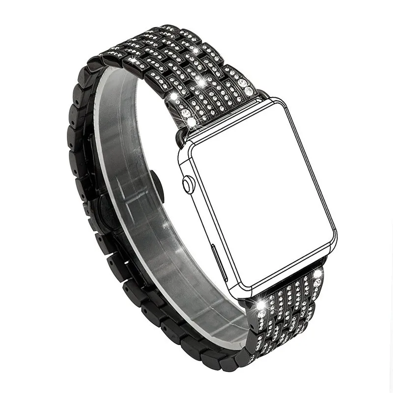 Золотистый металл со стразами ремешок для Apple Watch Series 1 2 3 Нержавеющая сталь Смарт Браслет для iWatch 38 мм 42 мм