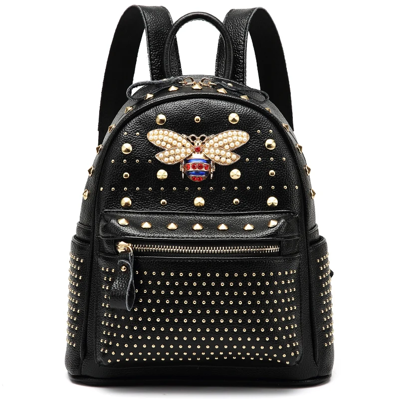 

KYYSLO women's backpack travel bag Genuine Leather fashion bee with diamonds Korean casual shoulder bag women backpack rivet
