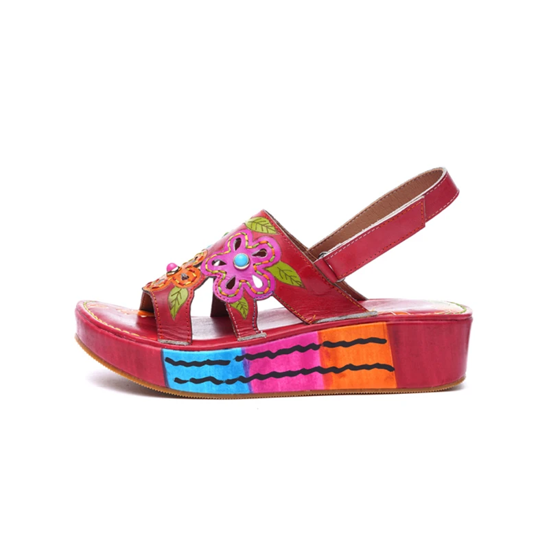 

Genuine Leather Sandals Women Summer Shoes Woman Platform With Flower Wedges Female Red Back Strap 2019 New Fashion