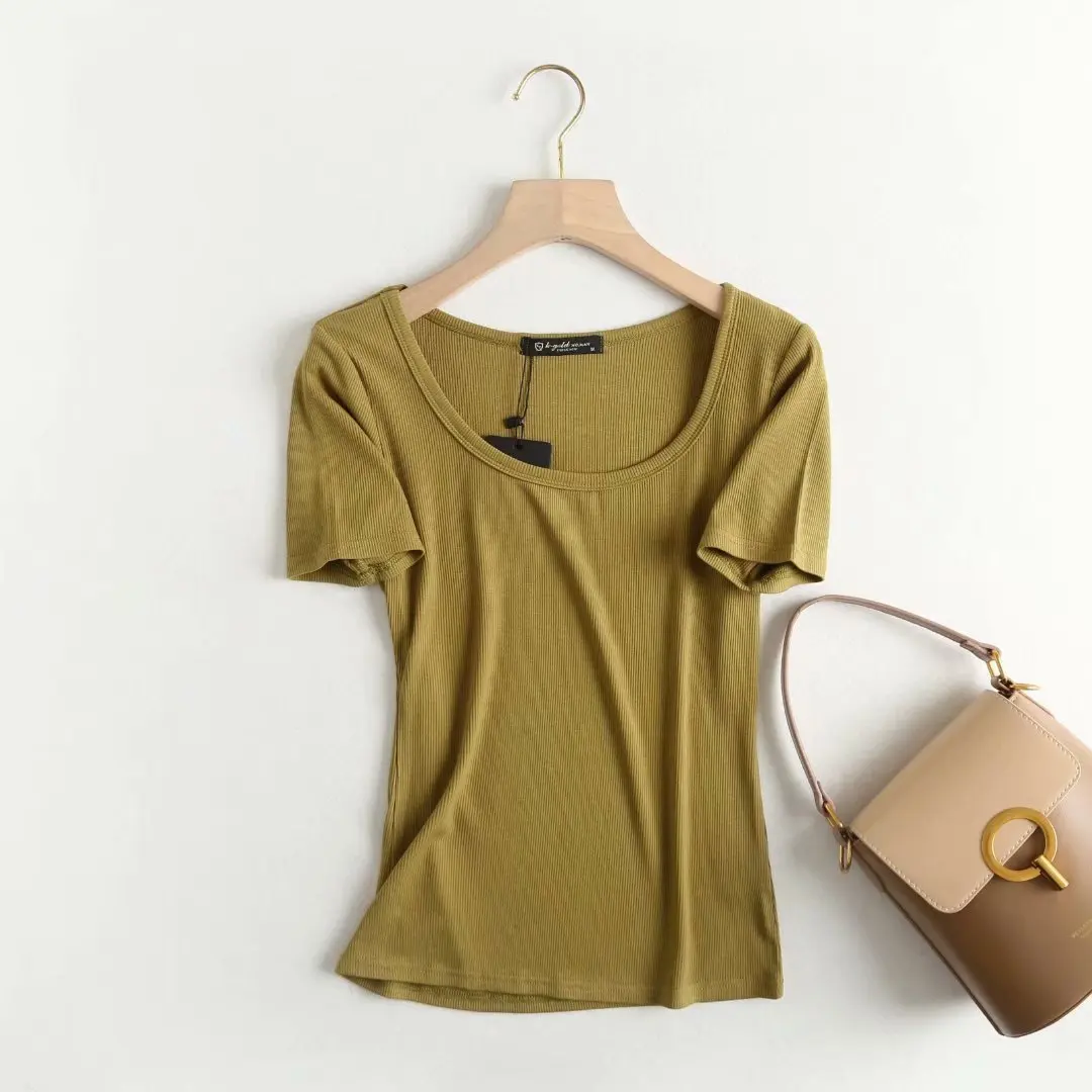 

2019 Sexy U Neck Slim Knitted T-Shirts Korean Solid Color Basic Tees Summer Short Sleeve Tops Army Green White Black Pink