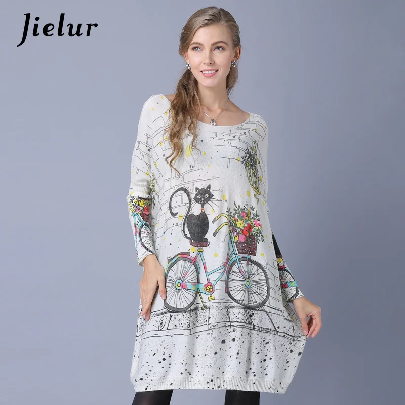Jielur, новинка зимы, женские свитера с вырезом лодочкой и пуловеры с милым рисунком кота, женский свитер с длинным рукавом, трикотаж, 3 цвета - Цвет: Белый