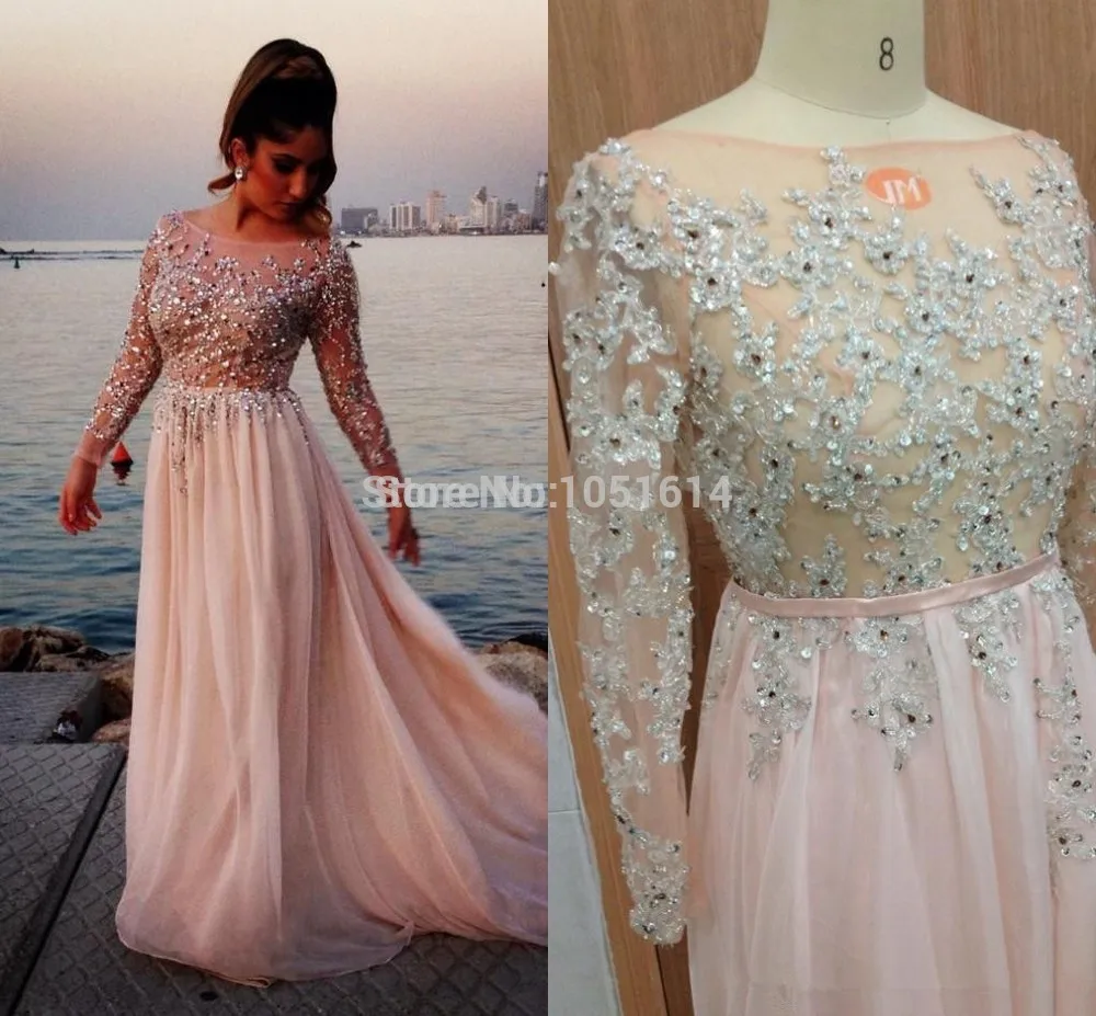 light pink long sleeve prom dress