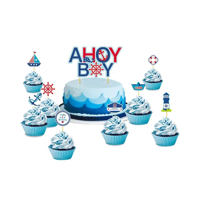 Set Of 9 Ahoy Boy Nautical Theme First Birthday Party Baby Boy Cake