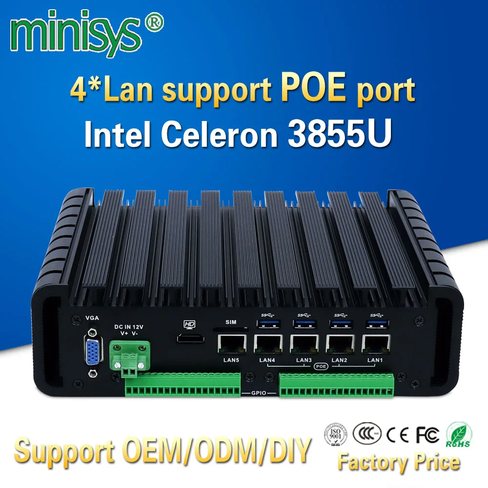 Minisys Тип Промышленный безвентиляторный блок мини ПК с intel 3855u Двухъядерный 2 COMS 4 lan sup порт 802.3af стандартный порт PoE