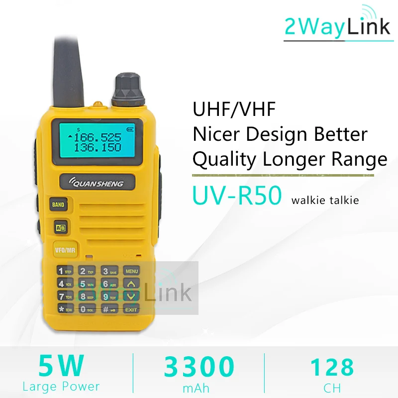 QuanSheng UV-R50 TG-UV2 Walkie Talkie UV-R50-2 UHF VHF 5 Вт двухстороннее радио 3300 мАч портативное Quansheng UV-R50(-1) Ham Radio TG-UV50R - Цвет: Yellow