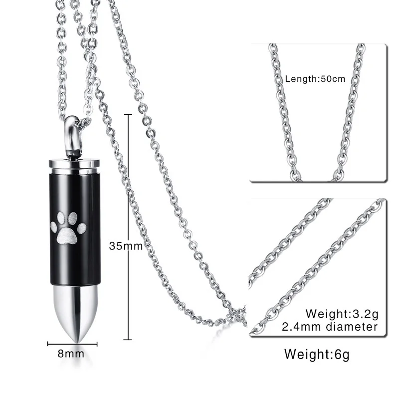 Принт лапы в пуле ПЭТ Кремации Урна пепельница кулон ожерелье для мужчин черный Серебряный тон мужские ювелирные изделия из нержавеющей стали 20"