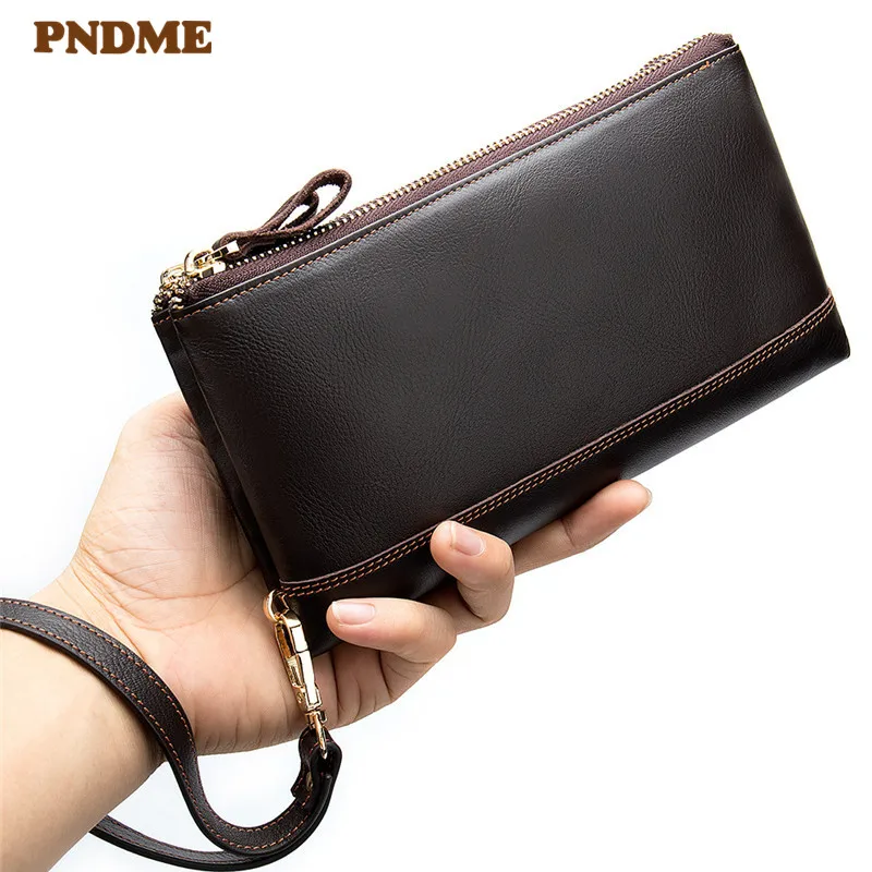 

PNDME simple genuine leather men's clutch bag casual first layer cowhide long luxury zipper phone bag female purse coin purses