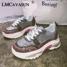 LMCAVASUN/женские блестящие кроссовки на платформе; коллекция года; модная женская обувь на массивном каблуке; женская обувь с тремя металлическими блестками
