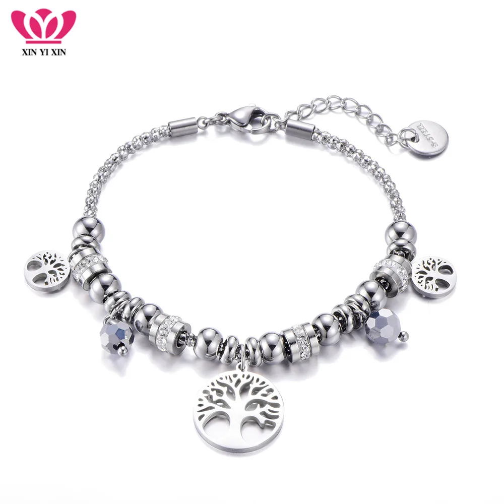 

Stainless Steel Tree of Life Charms Bracelet Women Multi Crystal Beads Pendant Popcorn Chain Bracelet Fashion Jewelry Gifts 2019