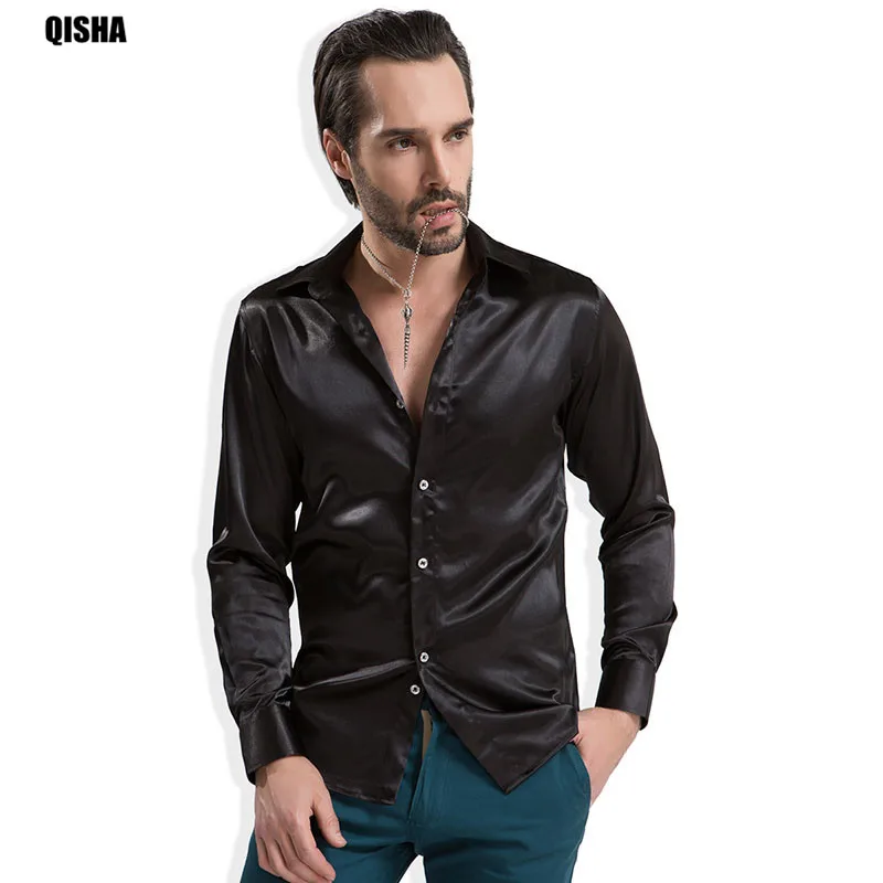 

QiSha 2017 Grace Luxury Mens Long sleeve Silk Like Shirts Male Shiny Silky Satin Casual Dress Shirts Performance Costume 13xx