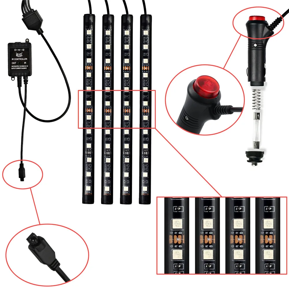 SMD5050 12 SMD светодиодный RGB автомобилей Атмосфера полосы света 7 цветов Водонепроницаемый подкладке музыка дистанционного Управление