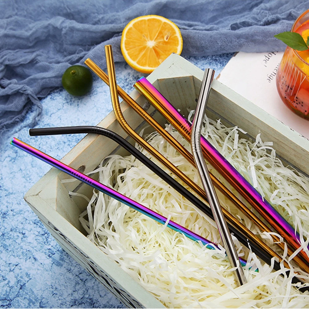 

5Pcs Portable Stainless Steel Color Straw Set Household Metal Smoothies Drinking Straws Set with Brush & Bag Drinking Tool