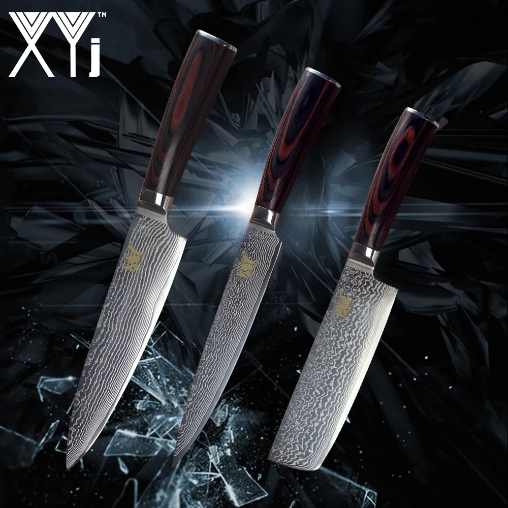 

XYj Kitchen Damascus Steel Knife 3 Pieces Set Color Wood Handle Sharp VG10 8'' 7'' Chopping Chef Slicing Knives Cooking Tools