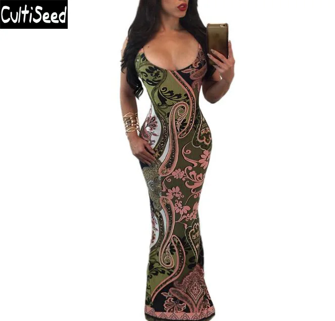 

Sexy Spaghetti Strap Backless Printed Nightclub Dress Female Sleeveless Slim Long Party Dress