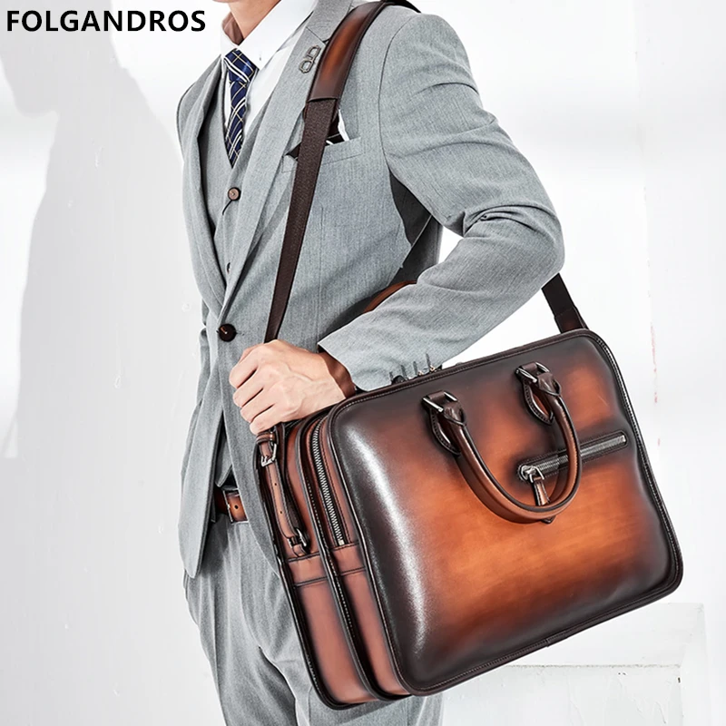 

2019 Italy Genuine Leather Briefcases For Men Handmade 15 Inch Laptop Case Office Work Business Double Zipper Open Shoulder Bag