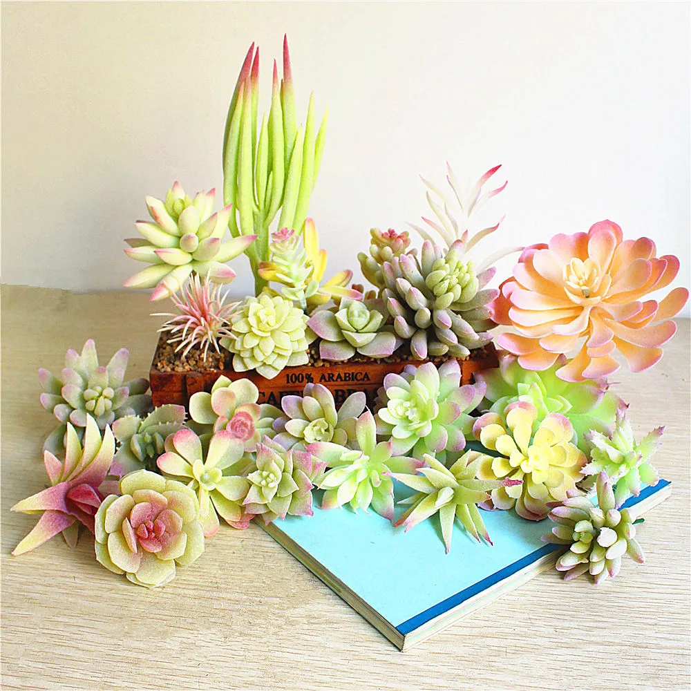 

1 Set 28pcs Lot Pink Green PVC Flocking Artificial Succulents Fake Echeveria Plastic Plants For Garden Flower Arrangement Decor