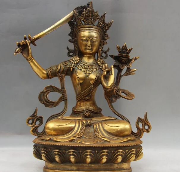

song voge gem S0819 Tibet Buddhism Bronze Copper Gild Manjusri Bodhisattva Kwan-Yin Guan Yin Statue