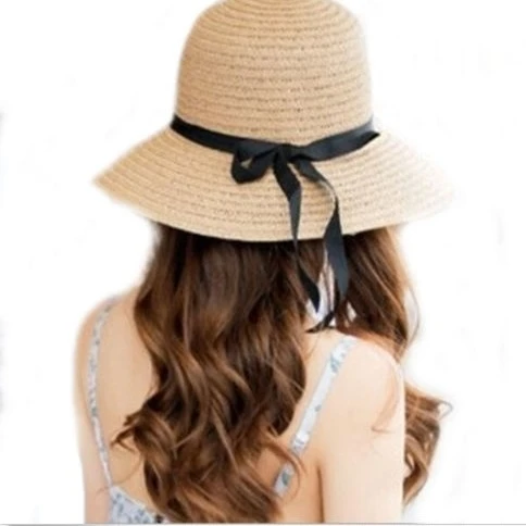 Floppy Foldable Ladies Women Straw Beach Sun Summer Hat Beige One Size Wide Brim